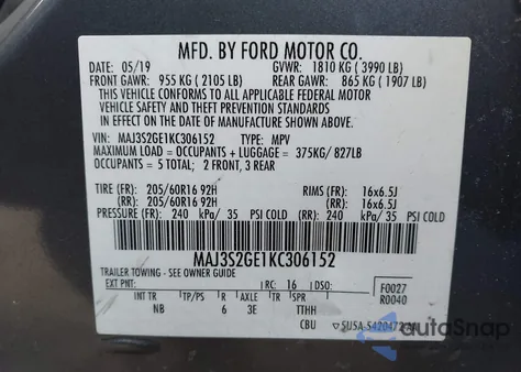 2019 Ford Ecosport Se из США, поврежденный, VIN MAJ3S2GE1KC306152